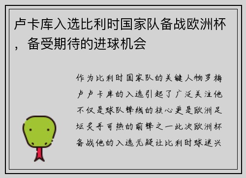 卢卡库入选比利时国家队备战欧洲杯，备受期待的进球机会