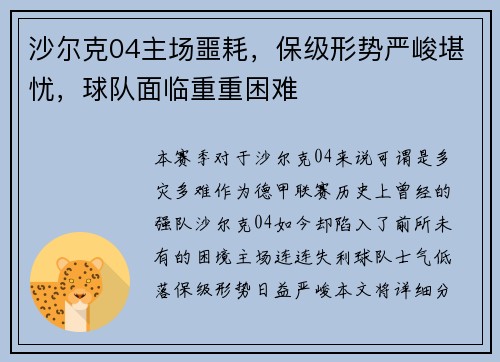 沙尔克04主场噩耗，保级形势严峻堪忧，球队面临重重困难
